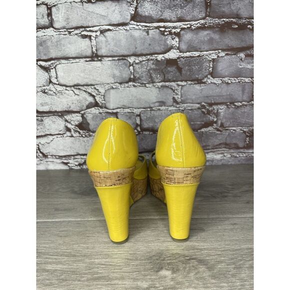 Bottero Yellow Patent Leather Peep Toe Platform Cork Wedge Sandals Women Sz 37EU - Picture 5 of 16